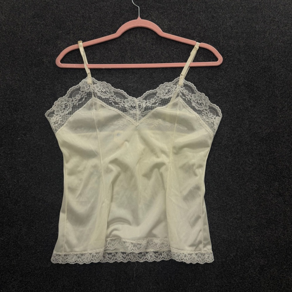 Vintage Bari White Lace Trim Camisole Top ILGWU Made in USA Nylon Size Medium